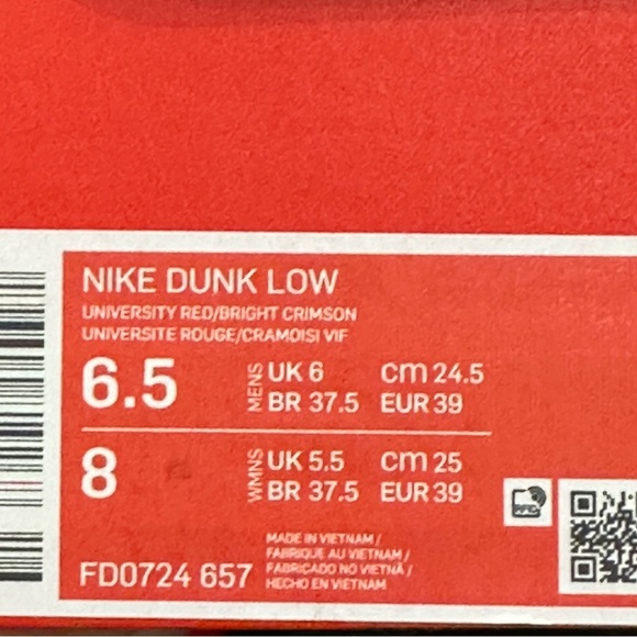 NIKE DUNK LOW ATL UNIVERSITY RED/BRIGHT CRIMSON UNIVERSITE ROUGE/CRAMOISI VIF - Picture 4 of 8